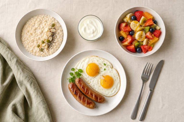 Завтрак с овсяной кашей, яичницей с сосисками, йогуртом и сезонными фруктами с медом